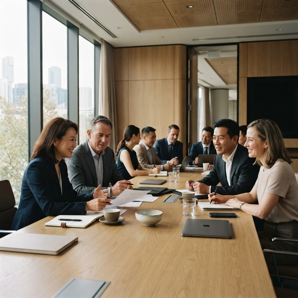 Australian and Chinese professionals meeting in a boardroom